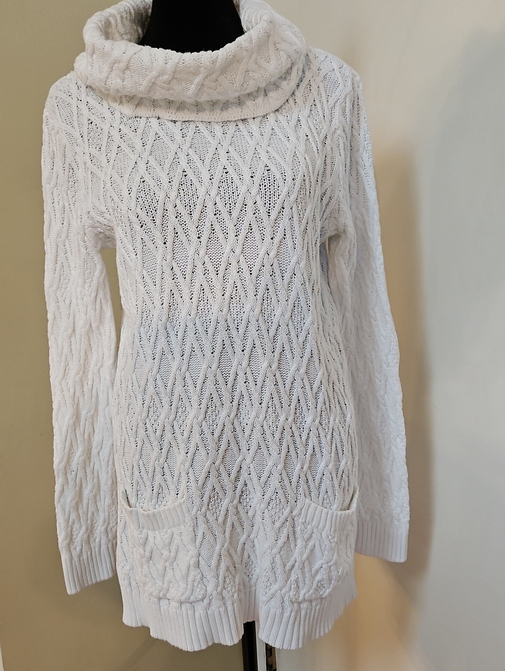 Jeanne Pierre Cream White Cotton Cable Knit Cowl Neck Tunic Sweater Pocket M